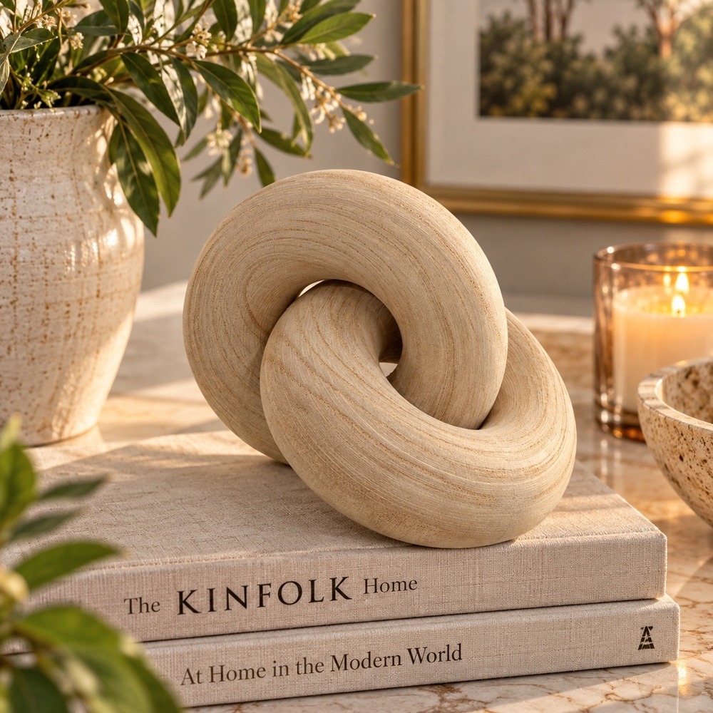 Natural Wood Chain Link Sculpture Decorative Object Modern Farmhouse Decor